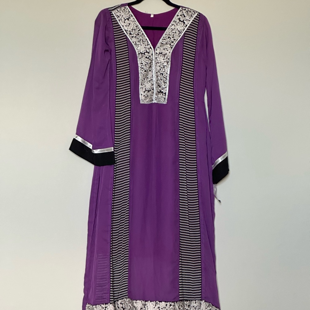Women's Pakistani Indian 3-Piece Shalwar Kameez Outfit Set Purple Black  White M